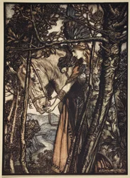 Brunnhilde Slowly and Silently Leads Her Horse Down the Path to the Cave, illustration from 